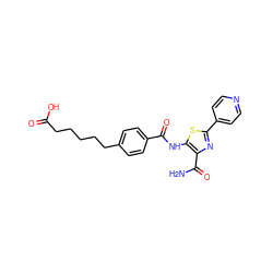 NC(=O)c1nc(-c2ccncc2)sc1NC(=O)c1ccc(CCCCCC(=O)O)cc1 ZINC000149892397