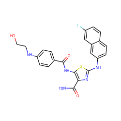 NC(=O)c1nc(Nc2ccc3ccc(F)cc3c2)sc1NC(=O)c1ccc(NCCO)cc1 ZINC000473164819