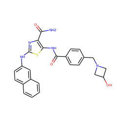 NC(=O)c1nc(Nc2ccc3ccccc3c2)sc1NC(=O)c1ccc(CN2CC(O)C2)cc1 ZINC000473179116