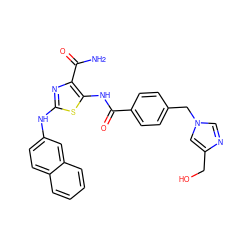 NC(=O)c1nc(Nc2ccc3ccccc3c2)sc1NC(=O)c1ccc(Cn2cnc(CO)c2)cc1 ZINC000473179074