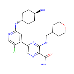 NC(=O)c1ncc(-c2cc(N[C@H]3CC[C@H](N)CC3)ncc2Cl)nc1NCC1CCOCC1 ZINC000261190726