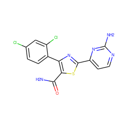 NC(=O)c1sc(-c2ccnc(N)n2)nc1-c1ccc(Cl)cc1Cl ZINC000169342588