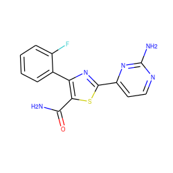 NC(=O)c1sc(-c2ccnc(N)n2)nc1-c1ccccc1F ZINC000169342578