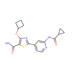 NC(=O)c1sc(-c2ccnc(NC(=O)C3CC3)c2)nc1OC1CCC1 ZINC000299861513