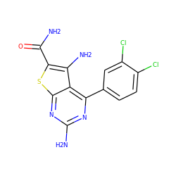 NC(=O)c1sc2nc(N)nc(-c3ccc(Cl)c(Cl)c3)c2c1N ZINC000073222452