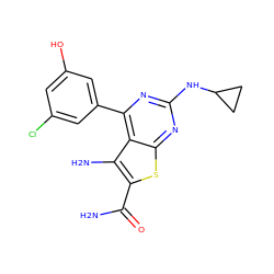 NC(=O)c1sc2nc(NC3CC3)nc(-c3cc(O)cc(Cl)c3)c2c1N ZINC000073240600