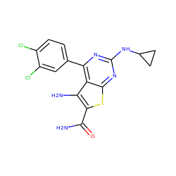 NC(=O)c1sc2nc(NC3CC3)nc(-c3ccc(Cl)c(Cl)c3)c2c1N ZINC000073224542