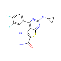 NC(=O)c1sc2nc(NC3CC3)nc(-c3ccc(F)c(F)c3)c2c1N ZINC000073223730