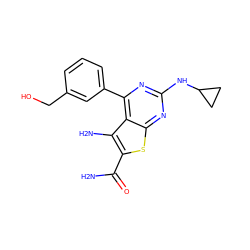 NC(=O)c1sc2nc(NC3CC3)nc(-c3cccc(CO)c3)c2c1N ZINC000073240607