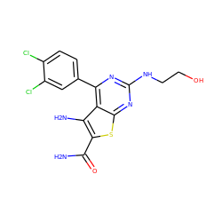 NC(=O)c1sc2nc(NCCO)nc(-c3ccc(Cl)c(Cl)c3)c2c1N ZINC000073224545