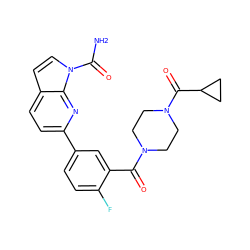 NC(=O)n1ccc2ccc(-c3ccc(F)c(C(=O)N4CCN(C(=O)C5CC5)CC4)c3)nc21 ZINC000103236244