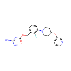 NC(N)=NC(=O)OCc1cccc(N2CCC(Oc3cccnc3)CC2)c1F ZINC000204349058