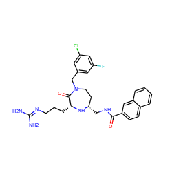 NC(N)=NCCC[C@H]1N[C@@H](CNC(=O)c2ccc3ccccc3c2)CCN(Cc2cc(F)cc(Cl)c2)C1=O ZINC000206885158