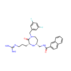 NC(N)=NCCC[C@H]1N[C@@H](CNC(=O)c2ccc3ccccc3c2)CCN(Cc2cc(F)cc(F)c2)C1=O ZINC000206920684