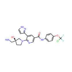 NC[C@@]1(O)CCN(c2ncc(C(=O)Nc3ccc(OC(F)(F)Cl)cc3)cc2-c2cc[nH]n2)C1 ZINC001772593141