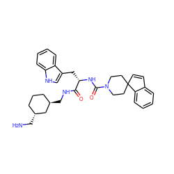 NC[C@@H]1CCC[C@@H](CNC(=O)[C@H](Cc2c[nH]c3ccccc23)NC(=O)N2CCC3(C=Cc4ccccc43)CC2)C1 ZINC000026273235