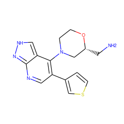 NC[C@@H]1CN(c2c(-c3ccsc3)cnc3n[nH]cc23)CCO1 ZINC000043059182