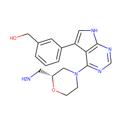 NC[C@@H]1CN(c2ncnc3[nH]cc(-c4cccc(CO)c4)c23)CCO1 ZINC000082155052