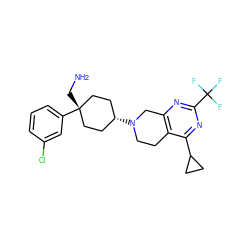 NC[C@]1(c2cccc(Cl)c2)CC[C@@H](N2CCc3c(nc(C(F)(F)F)nc3C3CC3)C2)CC1 ZINC000146245539