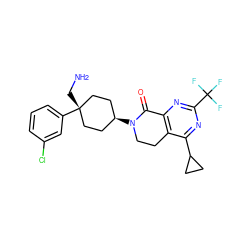 NC[C@]1(c2cccc(Cl)c2)CC[C@H](N2CCc3c(nc(C(F)(F)F)nc3C3CC3)C2=O)CC1 ZINC000261184774