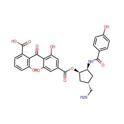 NC[C@H]1C[C@H](NC(=O)c2ccc(O)cc2)[C@H](OC(=O)c2cc(O)c(C(=O)c3c(O)cccc3C(=O)O)c(O)c2)C1 ZINC000026249160