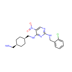 NC[C@H]1CC[C@@H](CNc2nc(NCc3ccccc3Cl)ncc2[N+](=O)[O-])CC1 ZINC000101101645