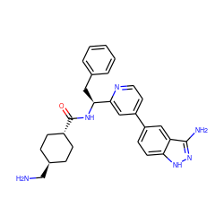 NC[C@H]1CC[C@H](C(=O)N[C@@H](Cc2ccccc2)c2cc(-c3ccc4[nH]nc(N)c4c3)ccn2)CC1 ZINC000653723510