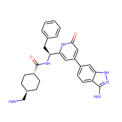 NC[C@H]1CC[C@H](C(=O)N[C@@H](Cc2ccccc2)c2cc(-c3ccc4c(N)n[nH]c4c3)cc(=O)[nH]2)CC1 ZINC000299871882