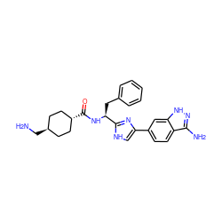 NC[C@H]1CC[C@H](C(=O)N[C@@H](Cc2ccccc2)c2nc(-c3ccc4c(N)n[nH]c4c3)c[nH]2)CC1 ZINC000299819676