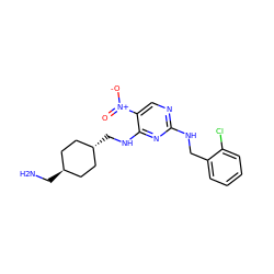 NC[C@H]1CC[C@H](CNc2nc(NCc3ccccc3Cl)ncc2[N+](=O)[O-])CC1 ZINC000101101721