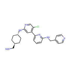 NC[C@H]1CC[C@H](Nc2cc(-c3cccc(NCc4ccncc4)n3)c(Cl)cn2)CC1 ZINC000261182846