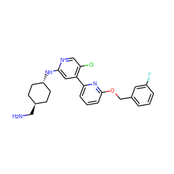 NC[C@H]1CC[C@H](Nc2cc(-c3cccc(OCc4cccc(F)c4)n3)c(Cl)cn2)CC1 ZINC000261126892