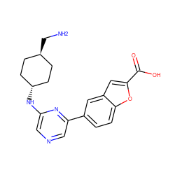 NC[C@H]1CC[C@H](Nc2cncc(-c3ccc4oc(C(=O)O)cc4c3)n2)CC1 ZINC000261102347