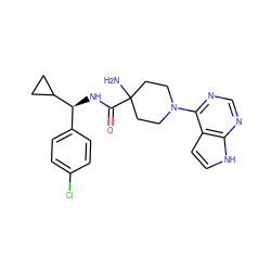 NC1(C(=O)N[C@@H](c2ccc(Cl)cc2)C2CC2)CCN(c2ncnc3[nH]ccc23)CC1 ZINC000095581969