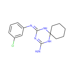 NC1=N/C(=N\c2cccc(Cl)c2)NC2(CCCCC2)N1 ZINC000095617472