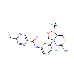 NC1=N[C@@]2(c3cc(NC(=O)c4cnc(CF)cn4)ccc3F)CO[C@H](C(F)(F)F)[C@H]2CS1 ZINC000168774835