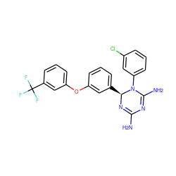 NC1=N[C@@H](c2cccc(Oc3cccc(C(F)(F)F)c3)c2)N(c2cccc(Cl)c2)C(N)=N1 ZINC000013559328