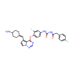 NC1CCC(=Cc2ccn3ncnc(Oc4ccc(NC(=O)NC(=O)Cc5ccc(F)cc5)cc4F)c23)CC1 ZINC000029040641