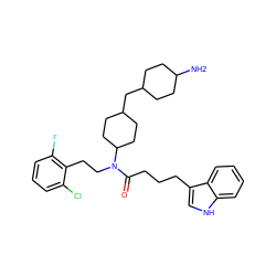 NC1CCC(CC2CCC(N(CCc3c(F)cccc3Cl)C(=O)CCCc3c[nH]c4ccccc34)CC2)CC1 ZINC000028826069