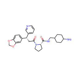 NC1CCC(CNC(=O)[C@@H]2CCCN2C(=O)C[C@@H](c2cccnc2)c2ccc3c(c2)OCO3)CC1 ZINC000013766224