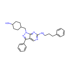 NC1CCC(Cn2nc(-c3ccccc3)c3cnc(NCCCc4ccccc4)nc32)CC1 ZINC000084711122