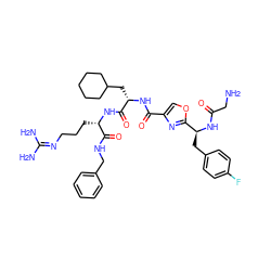 NCC(=O)N[C@@H](Cc1ccc(F)cc1)c1nc(C(=O)N[C@@H](CC2CCCCC2)C(=O)N[C@@H](CCCN=C(N)N)C(=O)NCc2ccccc2)co1 ZINC000029400643