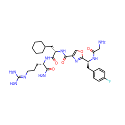 NCC(=O)N[C@@H](Cc1ccc(F)cc1)c1nc(C(=O)N[C@@H](CC2CCCCC2)C(=O)N[C@@H](CCCN=C(N)N)C(N)=O)co1 ZINC000029400647