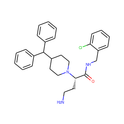 NCC[C@@H](C(=O)NCc1ccccc1Cl)N1CCC(C(c2ccccc2)c2ccccc2)CC1 ZINC000169349935