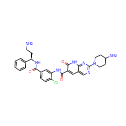 NCC[C@@H](NC(=O)c1ccc(Cl)c(NC(=O)c2cc3cnc(N4CCC(N)CC4)nc3[nH]c2=O)c1)c1ccccc1 ZINC000103250260