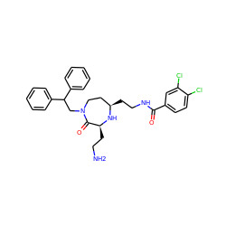 NCC[C@@H]1N[C@H](CCNC(=O)c2ccc(Cl)c(Cl)c2)CCN(CC(c2ccccc2)c2ccccc2)C1=O ZINC000118693723