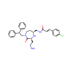 NCC[C@@H]1N[C@H](CNC(=O)/C=C/c2ccc(Cl)cc2)CCN(CC(c2ccccc2)c2ccccc2)C1=O ZINC000118688800