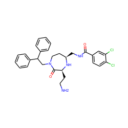 NCC[C@@H]1N[C@H](CNC(=O)c2ccc(Cl)c(Cl)c2)CCN(CC(c2ccccc2)c2ccccc2)C1=O ZINC000118695356