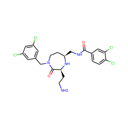 NCC[C@@H]1N[C@H](CNC(=O)c2ccc(Cl)c(Cl)c2)CCN(Cc2cc(Cl)cc(Cl)c2)C1=O ZINC000118692747