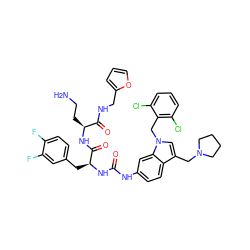 NCC[C@H](NC(=O)[C@H](Cc1ccc(F)c(F)c1)NC(=O)Nc1ccc2c(CN3CCCC3)cn(Cc3c(Cl)cccc3Cl)c2c1)C(=O)NCc1ccco1 ZINC000095610185